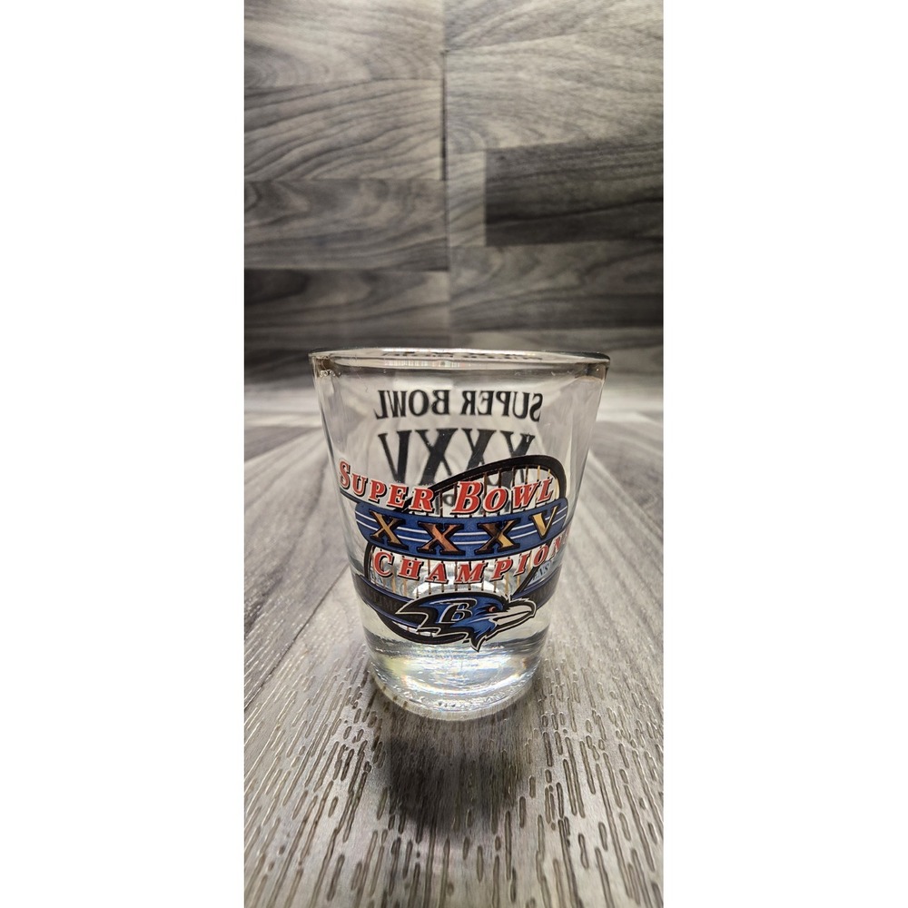 shot glass commemorating the Baltimore Ravens as Super Bowl XXXV (35) Champions
